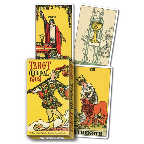A boxed tarot deck with three illustrated tarot cards fanned out behind it on a plain white background. The box reads "TAROT ORIGINAL 1909," and the visible cards show classic tarot imagery including a knight, a cup, and Strength.