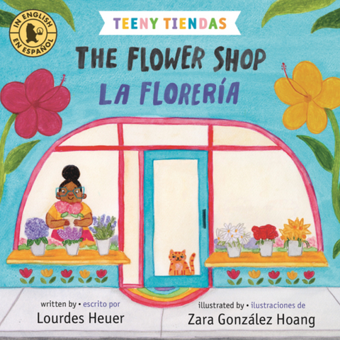 Book cover of 'The Flower Shop La Floreria' with colorful illustration of a flower shop and characters.