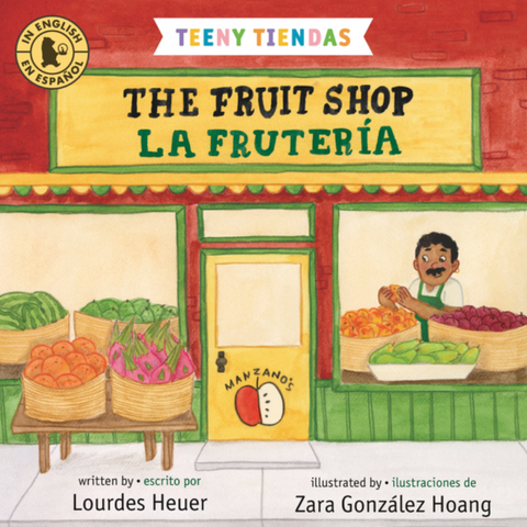 Book cover of 'The Fruit Shop La Frutería' with illustrations of a fruit stand and text.