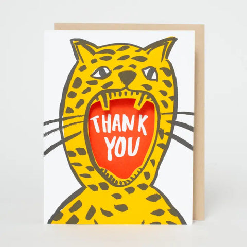 Greeting card with a leopard illustration and 'Thank You' text on a white background