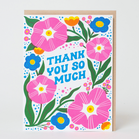 Greeting card with colorful flowers and 'Thank you so much' text on a white background