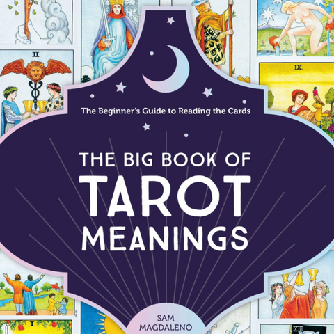 Front cover of the book 'The Big Book of Tarot Meanings' by Sam Magdaleno, featuring a large dark purple central panel with white title text, surrounded by colorful illustrated tarot card borders.