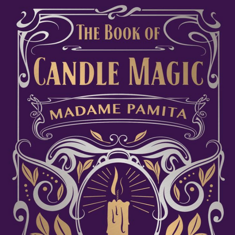 The Book of Candle Magic by Madame Pamita, featuring a dark purple cover with ornate silver and gold decorative borders, a central candle illustration, and gold title text.