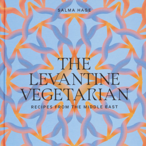 Front cover of the book 'The Levantine Vegetarian' by Salma Hage, published by Phaidon. The cover features a light blue background with an intricate geometric pattern of interlocking orange and purple loops, with black serif text for the title and author name.