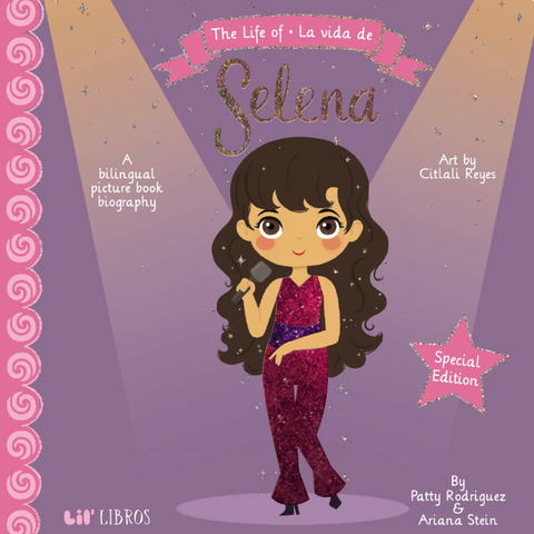 Front cover of the children's picture book 'The Life of La vida de Selena' featuring a cartoon illustration of Selena in a sparkly magenta outfit on a purple spotlight background, with the publisher logo 'Lil' Libros' in the bottom left corner.