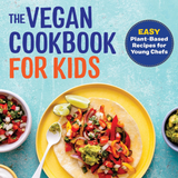 Front cover of the book 'The Vegan Cookbook for Kids' by Barb Musick, featuring a colorful title on a light blue textured background and a plated vegan taco as the main food photo.