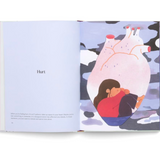 An open book spread showing a page titled 'Hurt' with a large illustrated pale pink heart and a curled figure in a red top and dark pants, set against a plain white background.