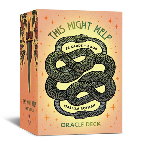 Oracle Deck box for 'This Might Help' by Isabella Botman, featuring a peach and orange background with a central green snake illustration and star accents.