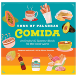 Front cover of the children's book 'Tons of Palabras: Comida' by Alyssa González, featuring a bright turquoise background with colorful illustrated food items such as papaya, churritos, tortilla chips, guacamole, avocado, salsa, tacos, and cream. The title 'COMIDA' is printed in large yellow letters.