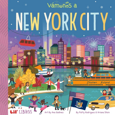 Book cover of 'Vamonos a New York City' with colorful illustration of New York City skyline and people.