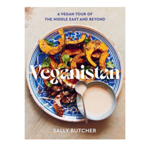 The cover image shows a book titled 'Veganistan' by Sally Butcher. It features a colorful plate of roasted vegetables, likely a quincy salad, and a side of tahini dip, against a blue background with a traditional blue and white patterned plate.