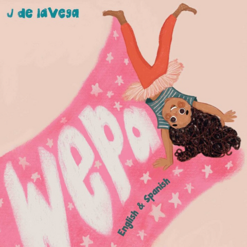 Book cover for 'Wepo! English & Spanish' by J de la Vesa, featuring a colorful illustration of a girl balancing on a large pink banner with white stars and the word 'WEPo!' in large white letters. The book is shown on a dark Amazon-style page background.