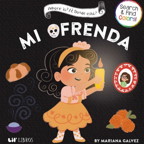 Book cover of 'Mi Ofrenda' with a character holding a candle and text on a dark background.