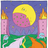 Cartoon scene with a large moon, two castles, and animals under a starry sky.