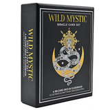 Wild Mystic Oracle Card Set box, featuring a black cover with gold and silver illustration of a snake wrapped around a crescent moon, on a white background.