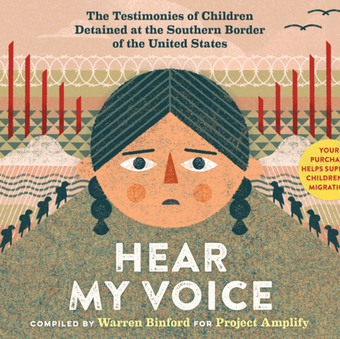 Book cover of 'Hear My Voice' with a stylized illustration of a child and border fence.