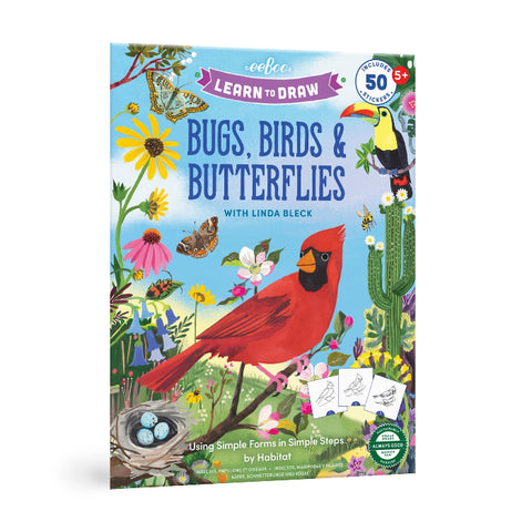 Book cover of 'Learn to Draw Bugs, Birds & Butterflies' with a colorful illustration of a cardinal and nature elements.