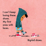 Illustration of a child in big-kid shoes on a pink and blue background with text.