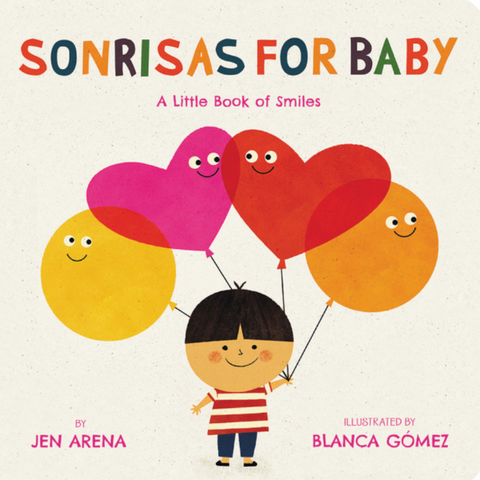 Book cover of 'Sonrisas for Baby' with colorful balloons and a child illustration.